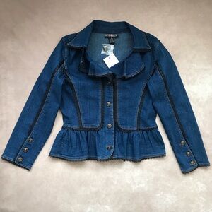 NWT The Pyramid Collection Denim Blue Jacket Black Lace Trim Collar Button Up M